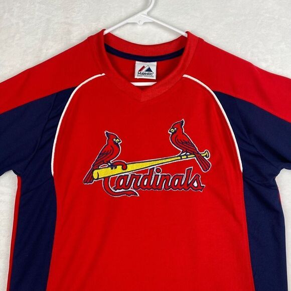 Majestic St. Louis Cardinals Shirt Mens Red Blue Short Sleeve V-neck Logo MLB - Picture 3 of 9
